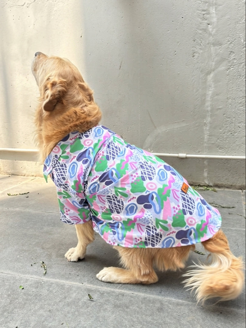 Back view of the comfortable relaxed fit Abstract Shirt for pets featuring a purple geometric pattern - The Woof Parade.