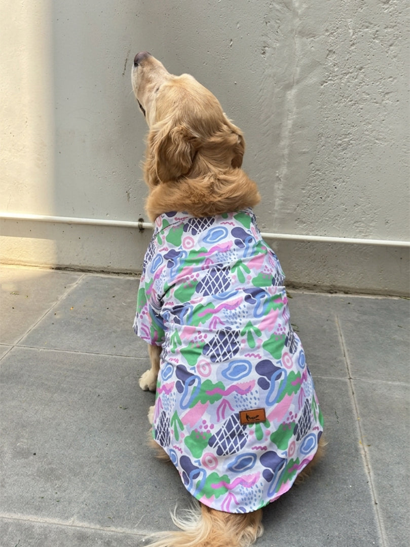 Back view of the comfortable relaxed fit Abstract Shirt for pets featuring a purple geometric pattern - The Woof Parade.