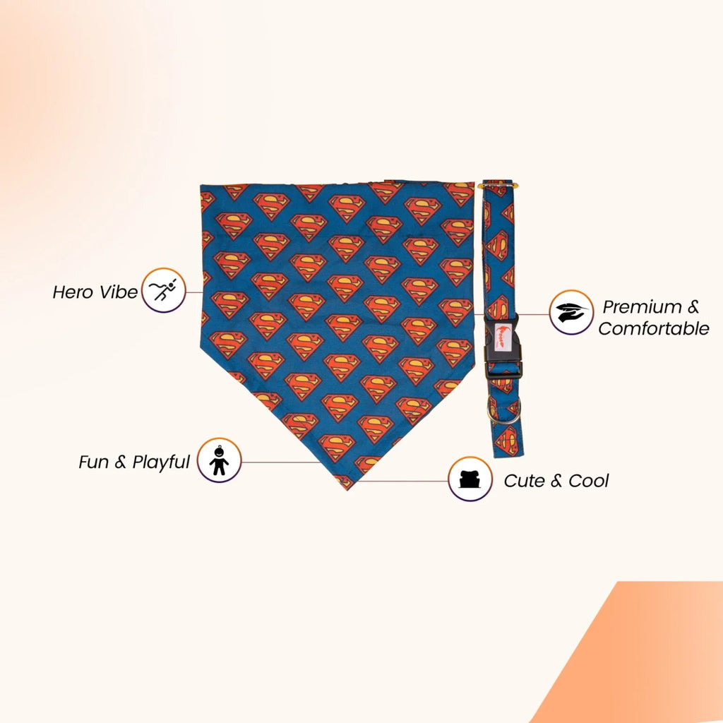 Infographic showing the features of the Superman pet combo, including the secure collar hooks and comfortable bandana fabric - The Woof Parade