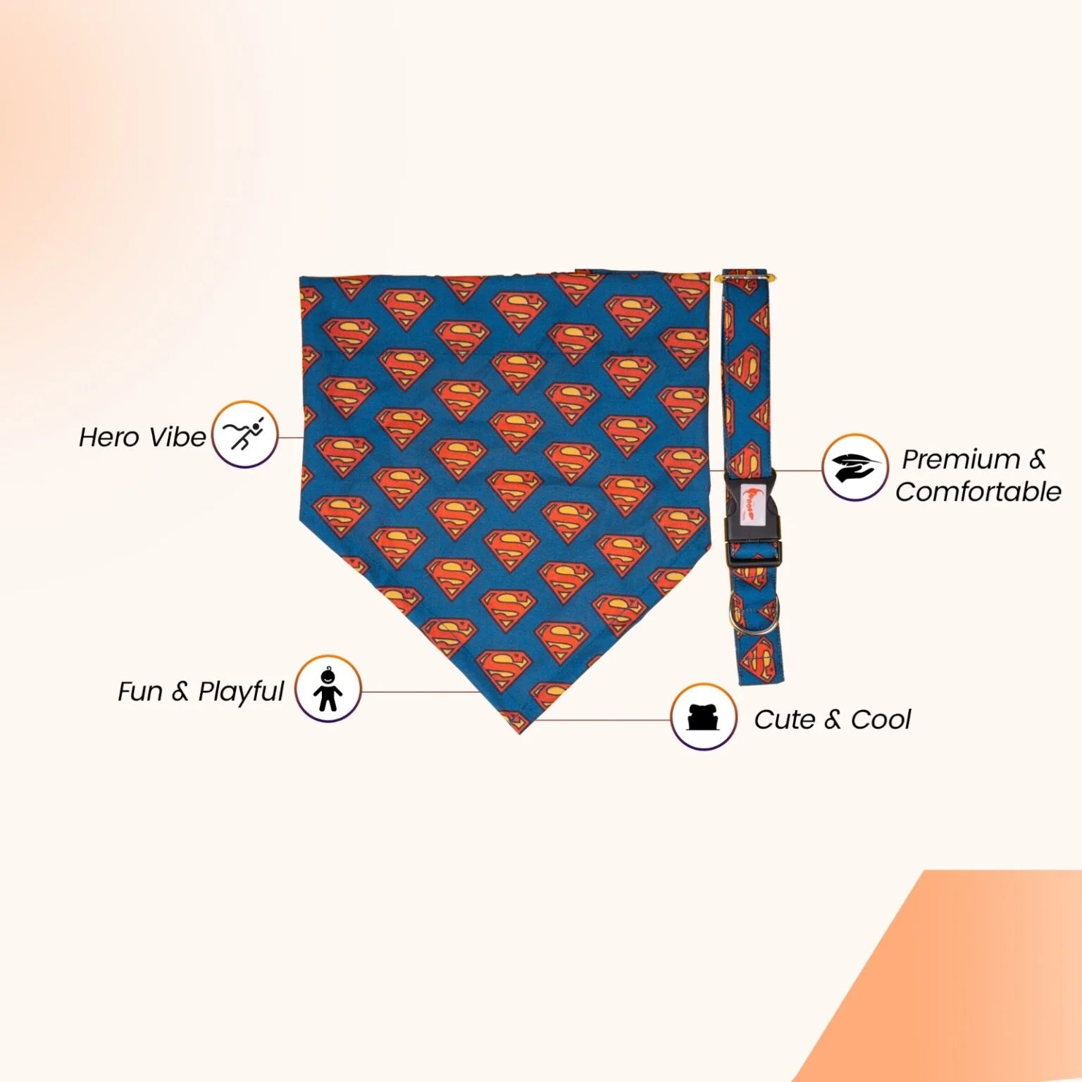 Infographic showing the features of the Superman pet combo, including the secure collar hooks and comfortable bandana fabric - The Woof Parade
