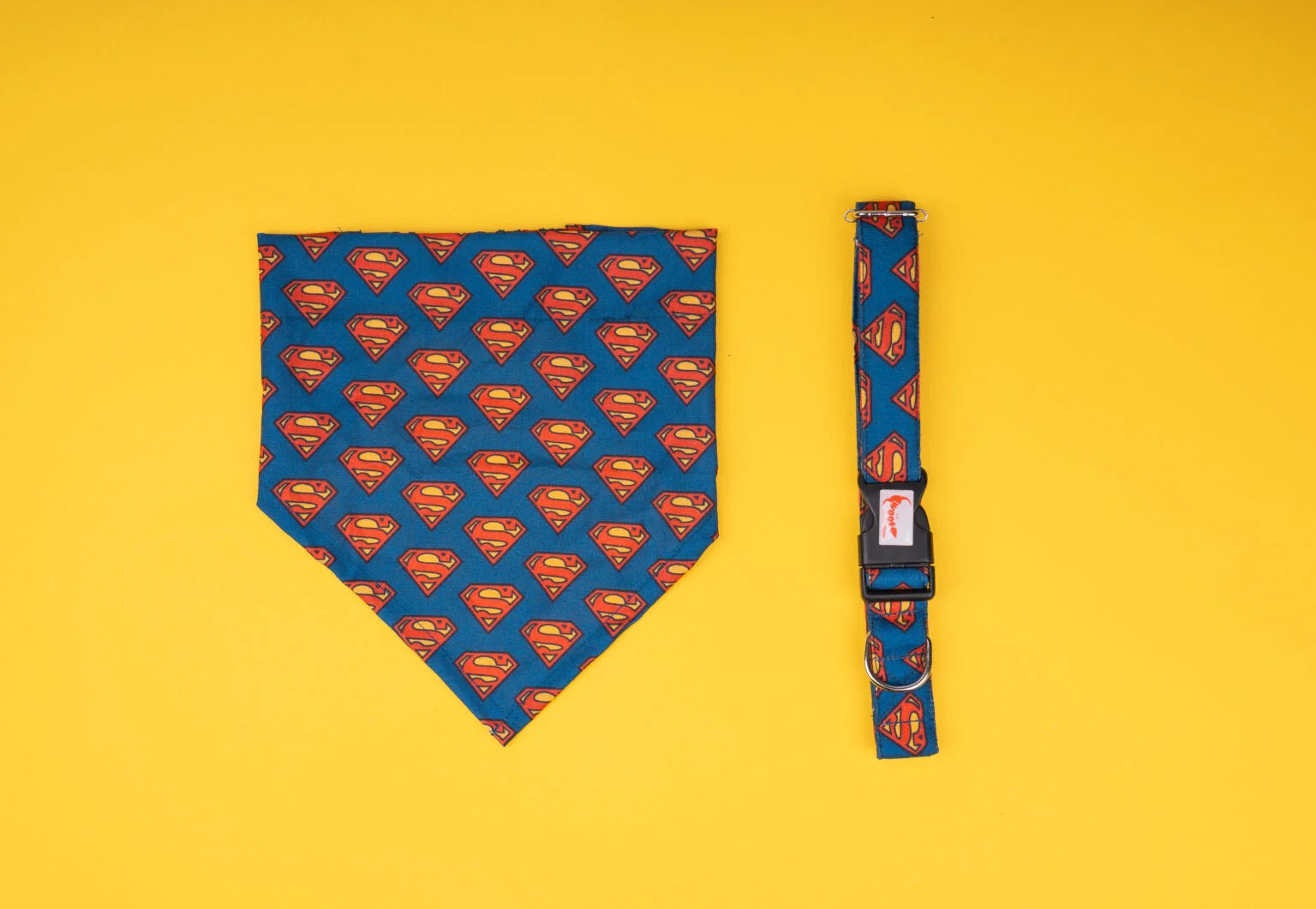 Lightweight and stylish Superman dog bandana and collar set for daily walks and outings from The Woof Parade.