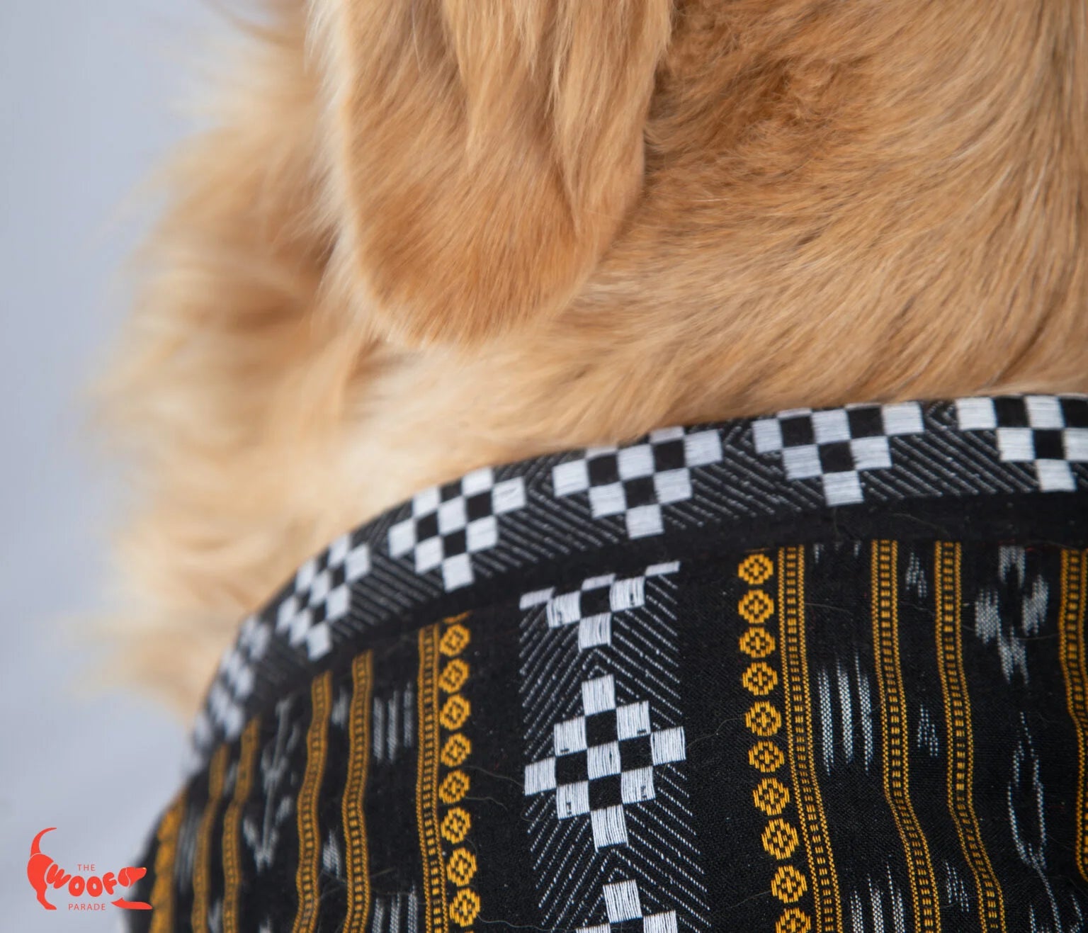 Detailed view of the collar and neckline of the Black Assamese Classic Kurta, showing the fine stitching and traditional fabric design — The Woof Parade.