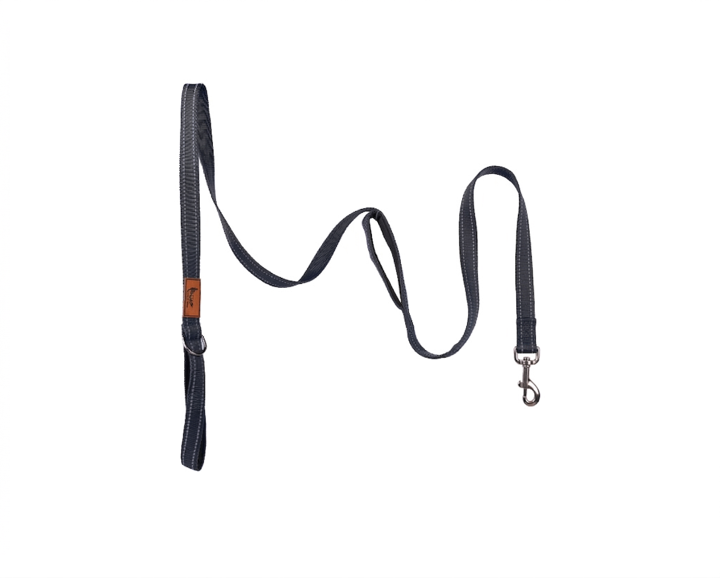 Heavy-duty black reflective dog leash featuring reflective stitching for improved visibility in low light by The Woof Parade.