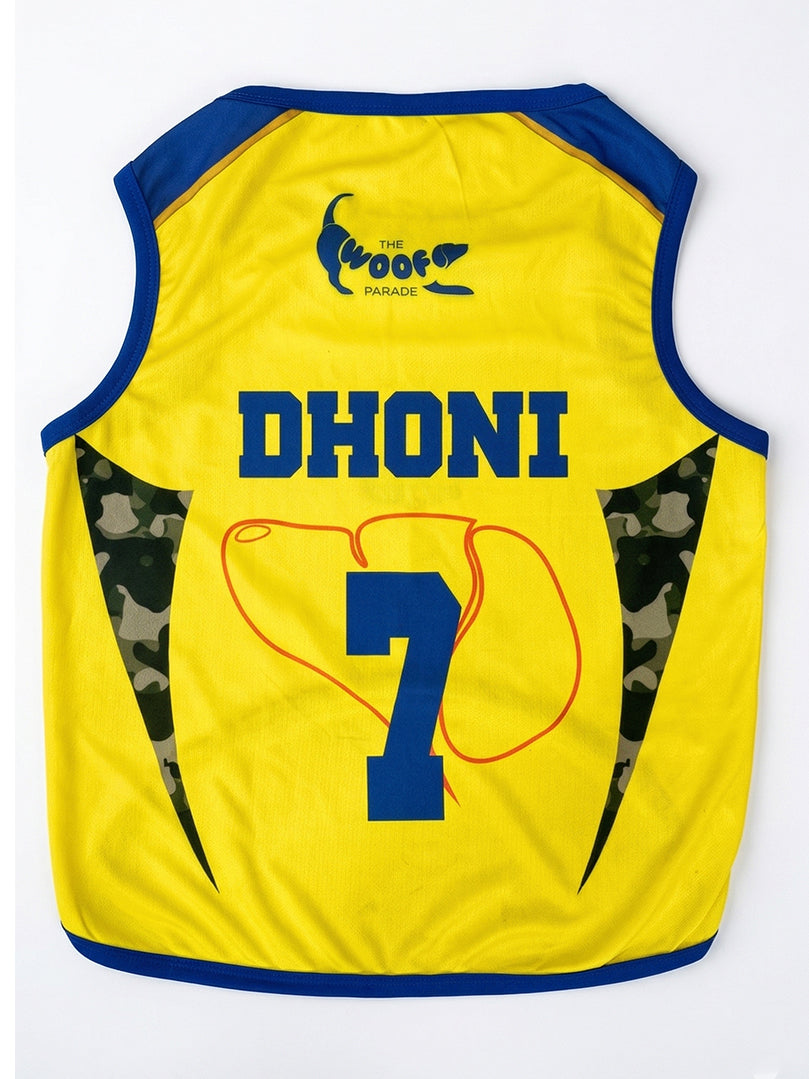 Yellow sports jersey with blue accents featuring the name 'DHONI' and number '7', on a white background.