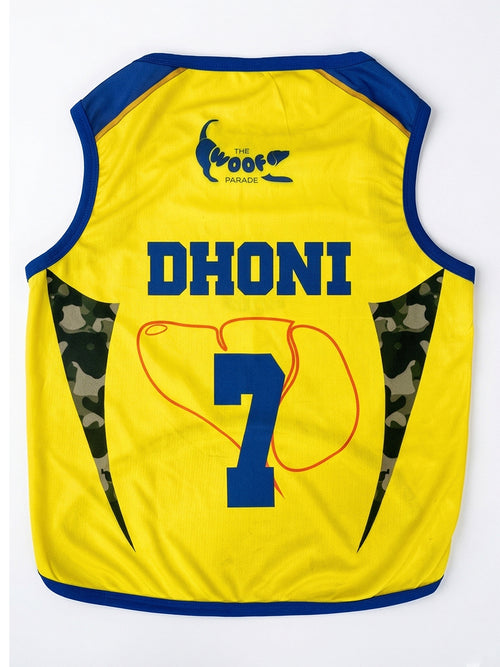 Yellow sports jersey with blue accents featuring the name 'DHONI' and number '7', on a white background.
