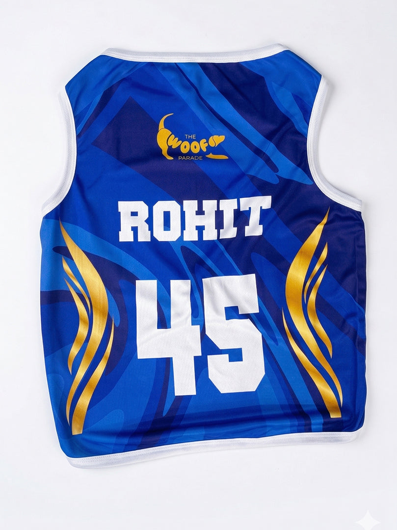 Blue sports jersey with 'ROHIT 45' printed on a white background