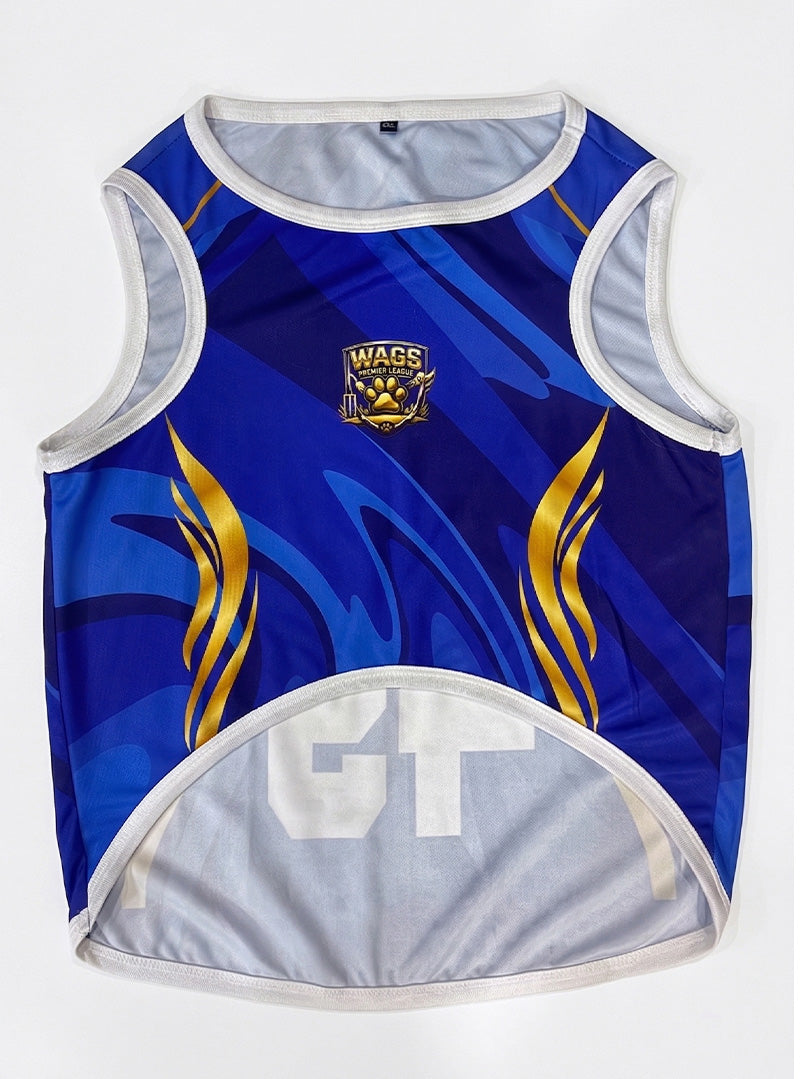Blue sports jersey with gold and white accents on a white background