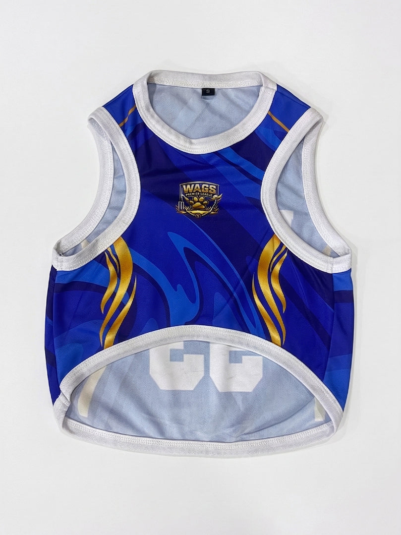 Blue and gold sports jersey with a logo on a white background