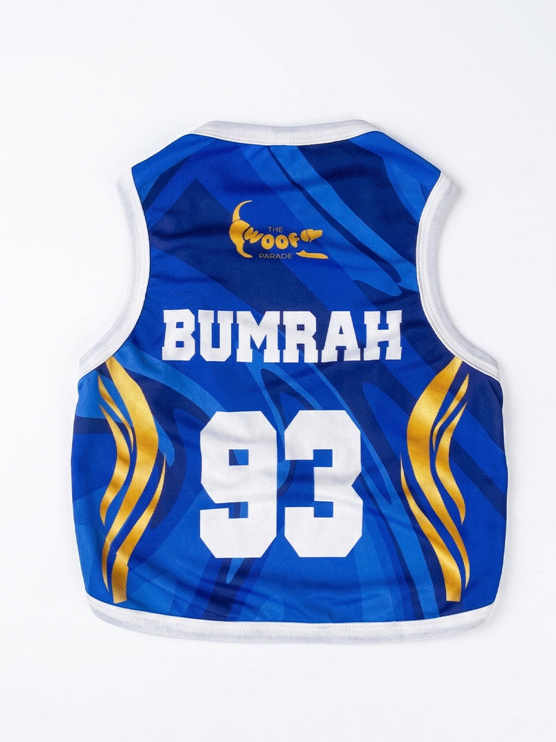 Blue sports jersey with 'BUMRAH' and number '93' on a white background