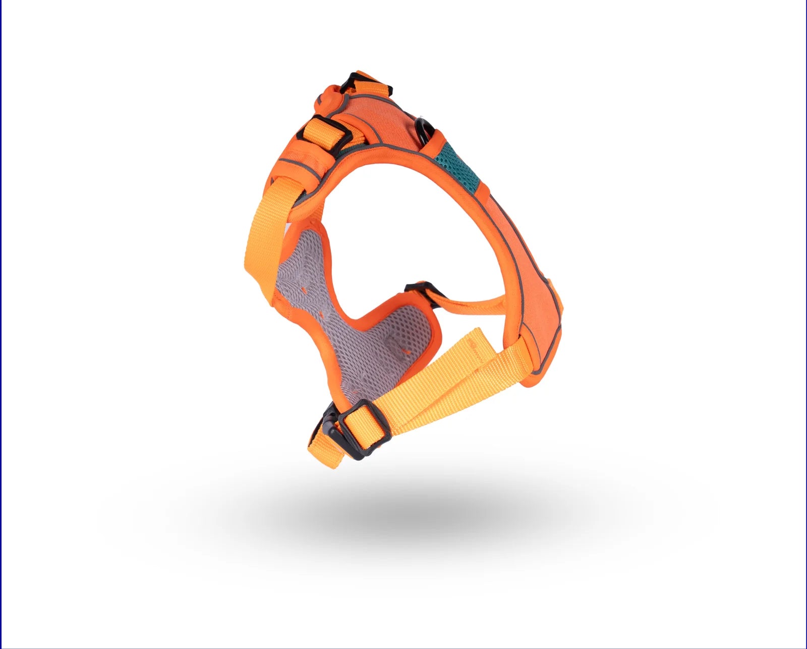 Side profile of an adjustable and padded orange dog harness designed for comfort and control by The Woof Parade.