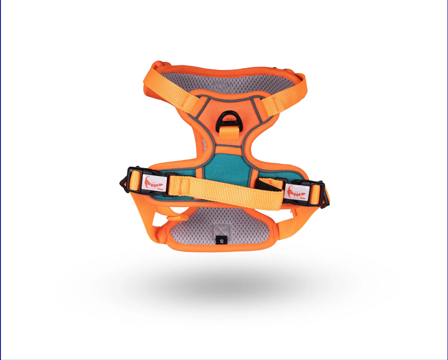 Front view of a breathable orange mesh dog harness featuring high-visibility reflective stitching by The Woof Parade.