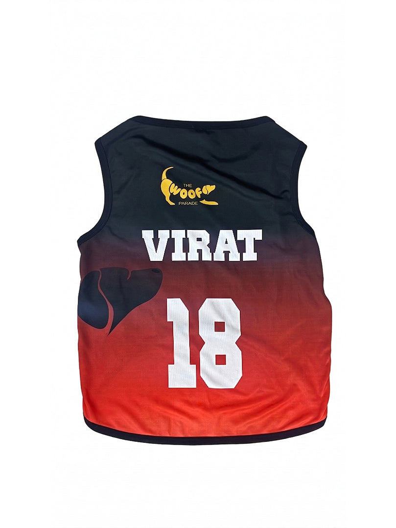 Sleeveless sports jersey with gradient design, 'Virat' and number '18' printed on it.