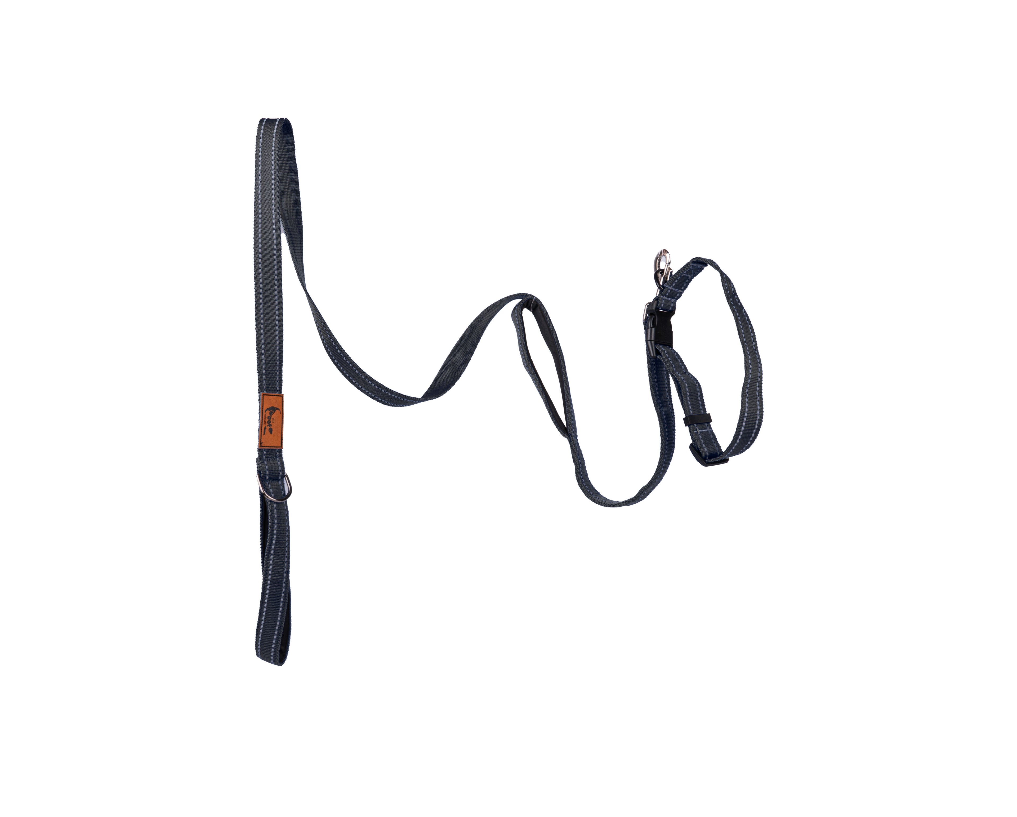 Heavy-duty black reflective dog leash featuring reflective stitching for low-light visibility by The Woof Parade.