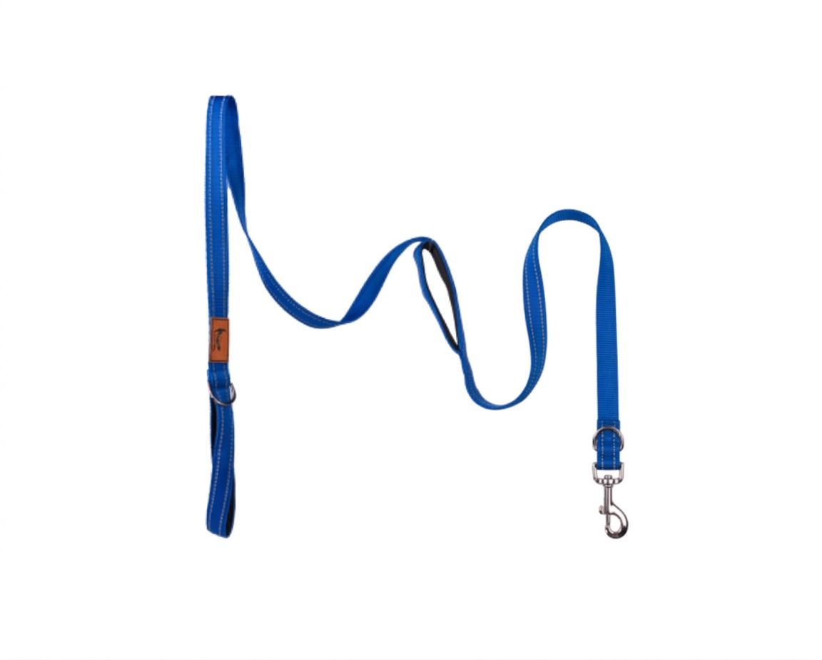 Durable blue double handle reflective dog leash designed for better control in training and crowded walk areas from The Woof Parade.