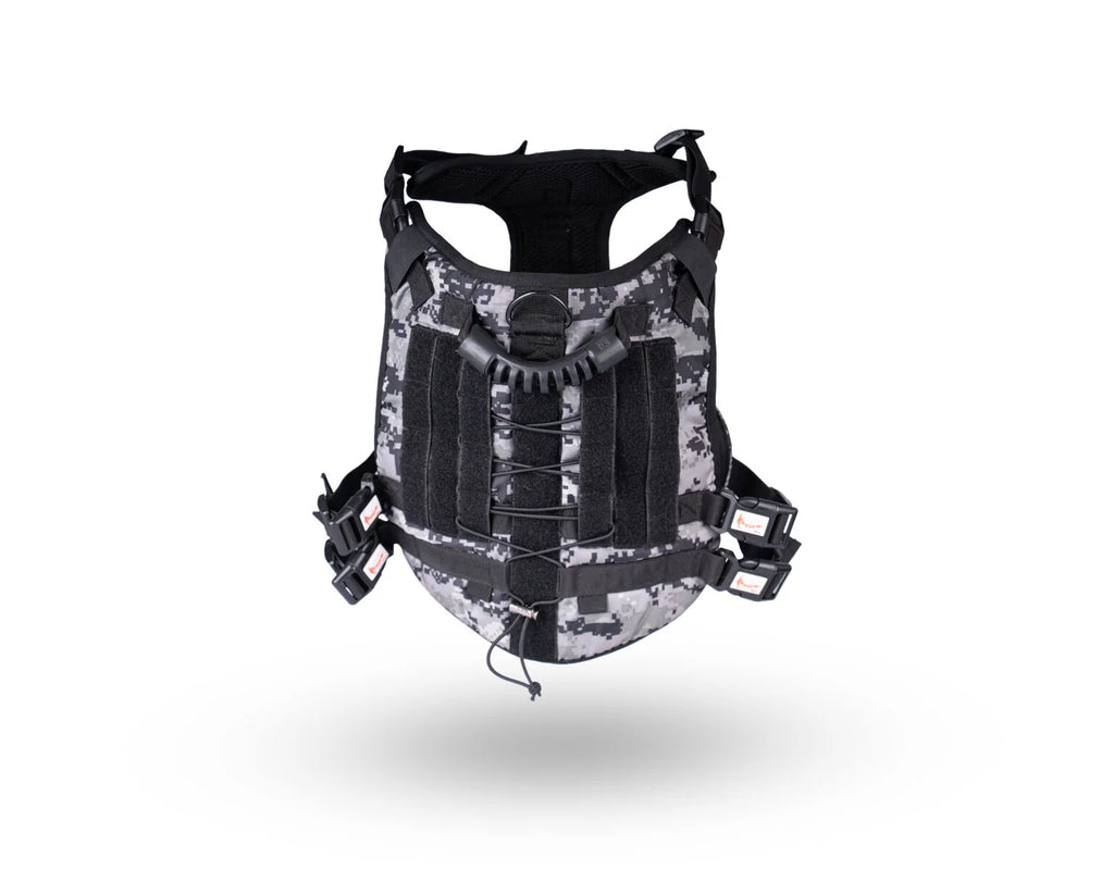 Durable military print tactical dog harness featuring adjustable straps and a soft padded interior — The Woof Parade.