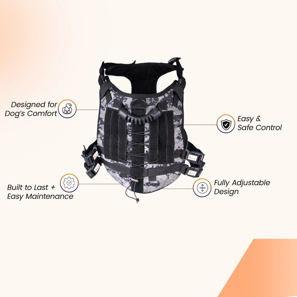 Infographic detailing the features of the tactical dog harness, including its adjustable design and easy-grip control handle - The Woof Parade.