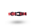 Durable red reflective dog collar with a secure side press buckle and metal D-ring by The Woof Parade.